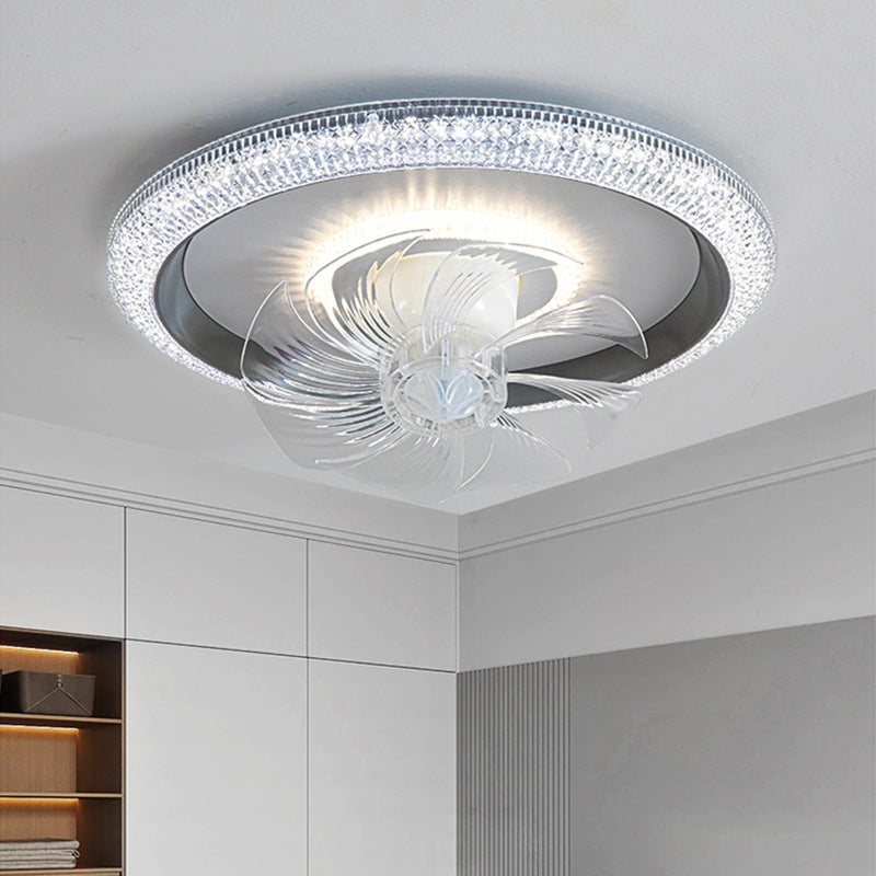 New LED ceiling fan light with oscillating head, perfect for master bedroom and children's room. Modern minimalist lighting and fan integrated.