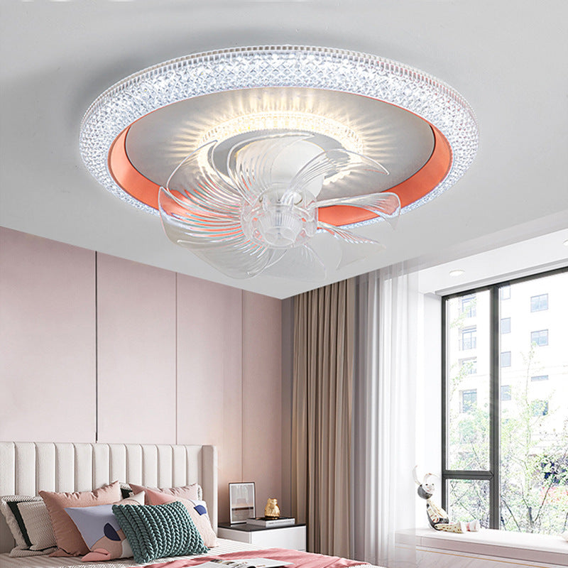 New LED ceiling fan light with oscillating head, perfect for master bedroom and children's room. Modern minimalist lighting and fan integrated.